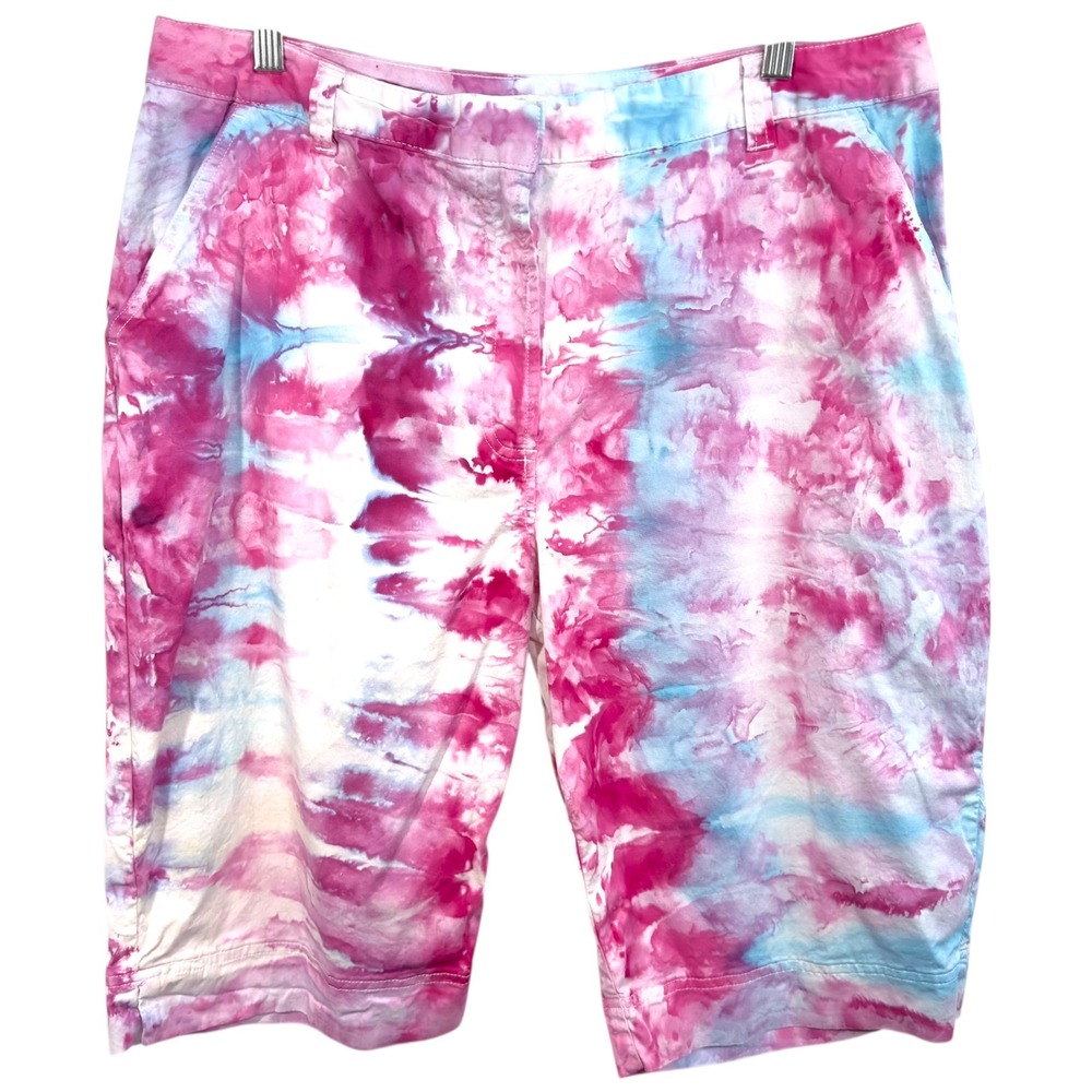 Kim Rogers Plus Size 16 Bermuda Shorts Handmade Tie Dye Cotton‎ Pink Blue 1393